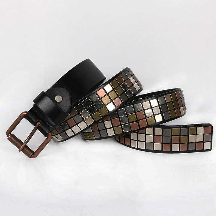 Designer Gothic Punk Rock Belt Studded Row Pyramid Square Roller Buckle Grommet Belt Genuine Leather Belt for Young Men Jeans - 图片 2