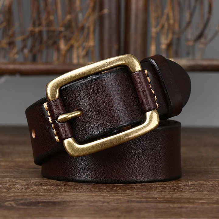New High Quality Brass Buckle Genuine Belts Stitching Full Grain Leather Waist Belt Handmade Novelty Belt With Square Buckle - 图片 4