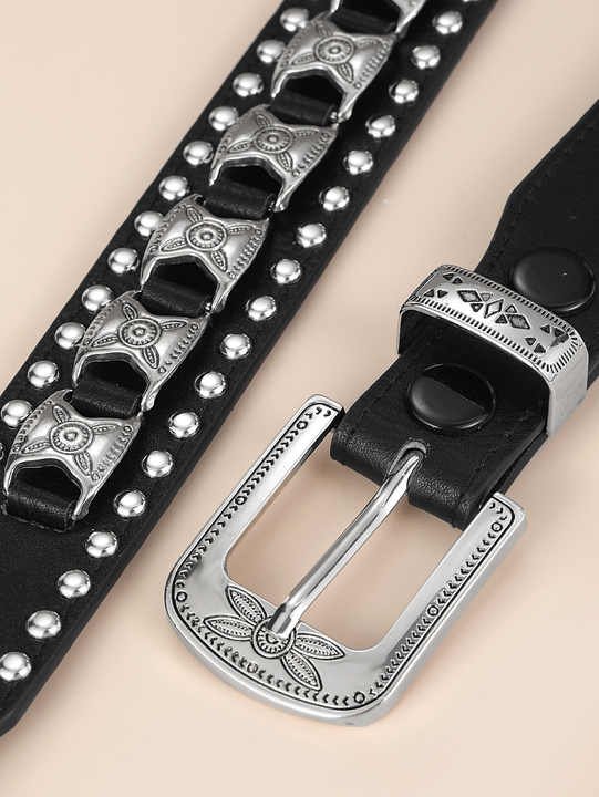 2023 New Fashion Punk Style Pin Buckle PU Belt for Western Cowboy Cowgirl Designer Black Studded Metal Goth Belt for Women Men - 图片 4