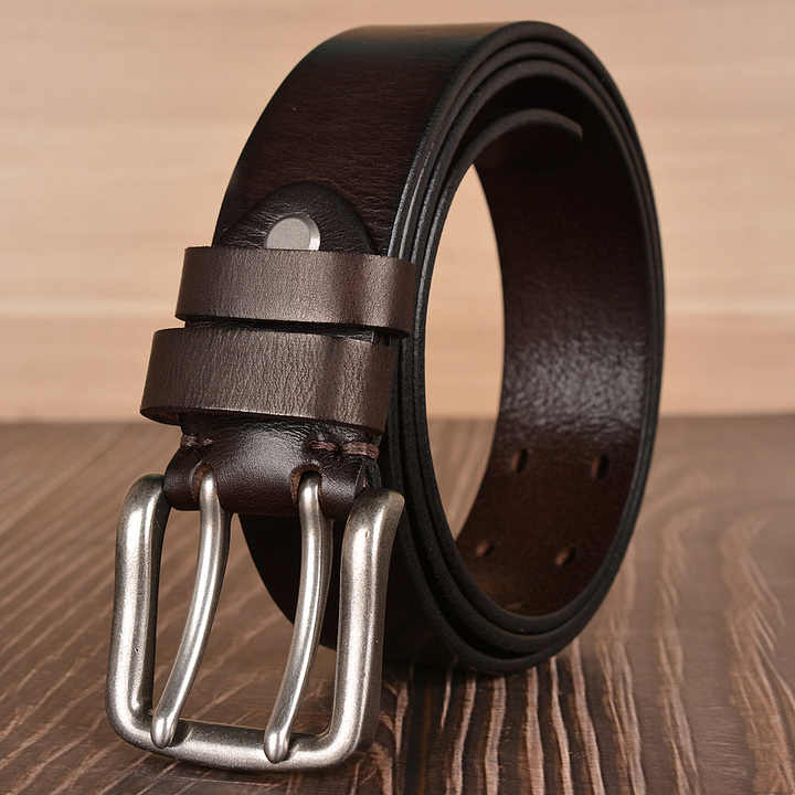 Casual 2 Holes Full Grain Leather Work Waist Belts 38mm Heavy Duty Double Prong Buckle Genuine Leather Belt for Men Jeans - 图片 3