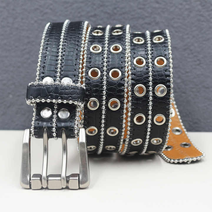 New Studded Double Eyelet Holes Belts Black Goth Punk Metal Jean Belt Hip Hop Style Double Grommet PU Leather Belt for Women Men - 图片 5