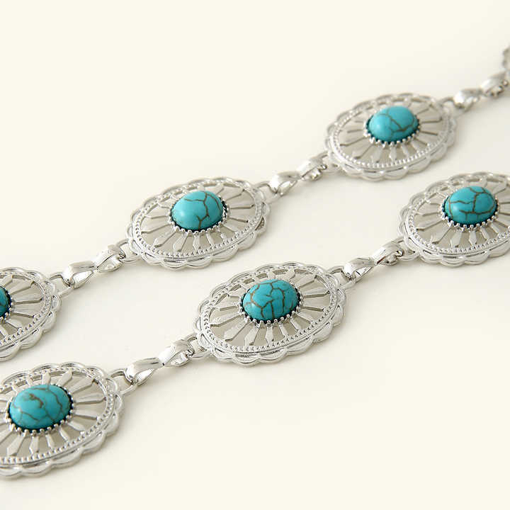 New Arrivals Fashion Accessories Golden Women Body Chain Belts Oval Turquoise Stone Lady Narrow Metal Retro Chain Belt - 图片 4