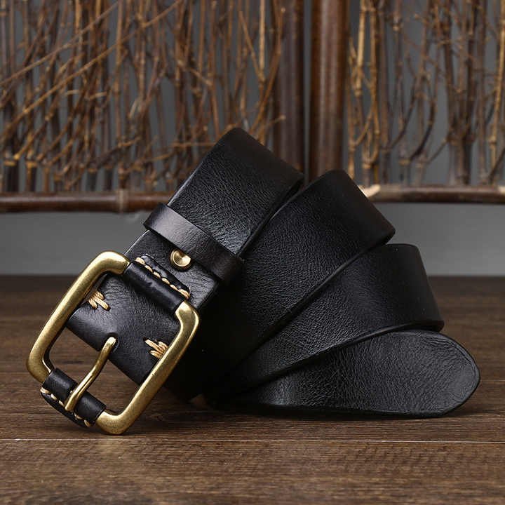 New High Quality Brass Buckle Genuine Belts Stitching Full Grain Leather Waist Belt Handmade Novelty Belt With Square Buckle - 图片 3