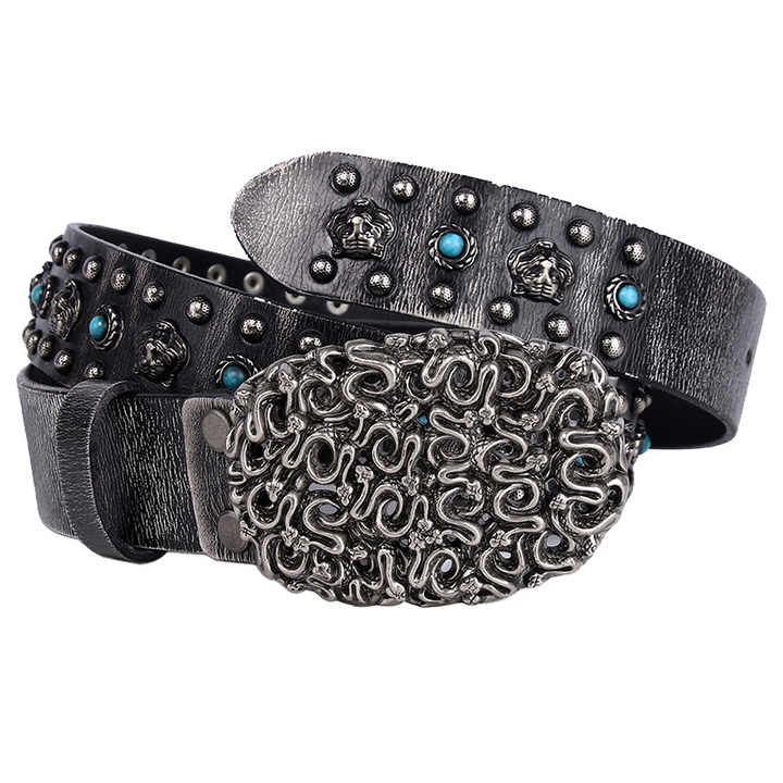 Vintage Punk Stone studded 38cm Width Genuine Leather Waist Belts Western studded Turquoise Belt for Cowboys Cowgilrs - 图片 4