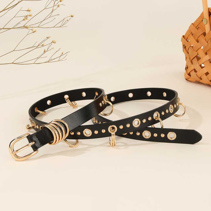 Studded Eyelet Holes Girls Belts with Metal Ring Black Goth Punk Metal Jean Belt Hip Hop Style Grommet PU Leather Belt for Women - 图片 5