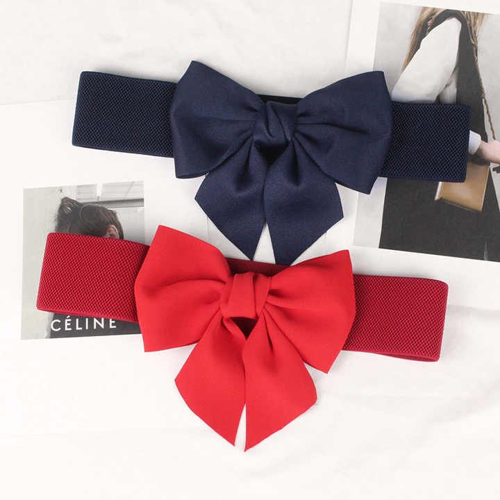 2024 Fashion Lady Wide Waistbands Elastic Stretchy Belt Double Metal Buckle Waistband Bow Corset Belt for Women - 图片 5