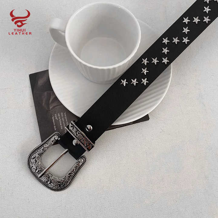 American Vintage Brown Wide Y2k Belt With Western Cowboy 3 Piece Buckle Set Studded Star Waist Belt for Women and Girls - 图片 4