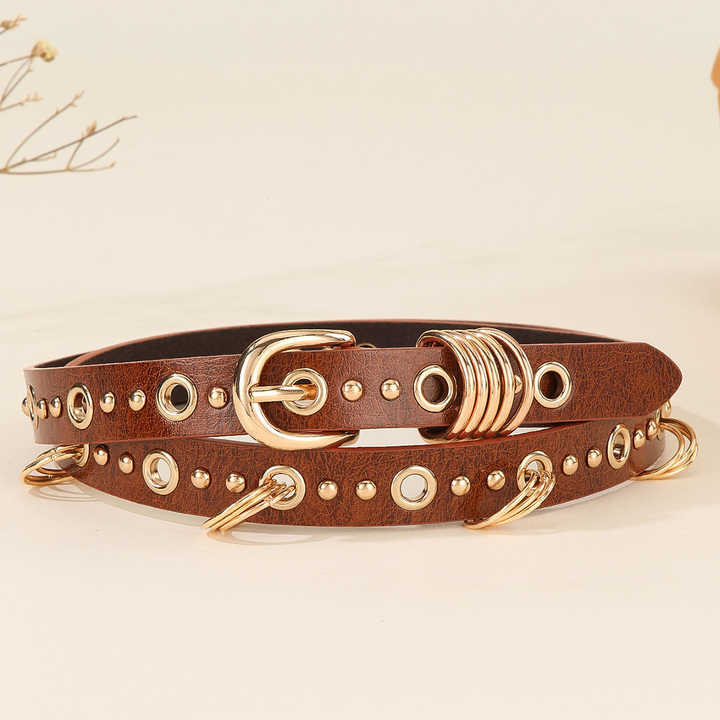 Studded Eyelet Holes Girls Belts with Metal Ring Black Goth Punk Metal Jean Belt Hip Hop Style Grommet PU Leather Belt for Women - 图片 2