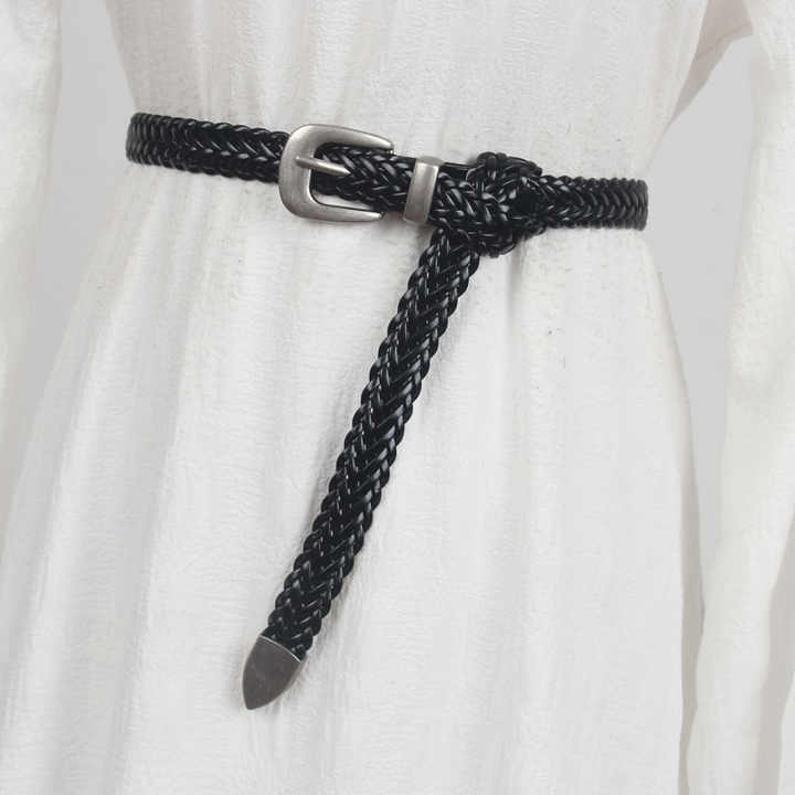 Manufacture Wholesale New Braided Cowhide Leather Belt for Dresses Jeans Pants 3 Pics Pin Buckle Woven Leather Belts for Women