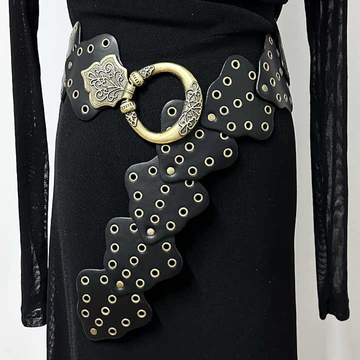 Metal Buckle Western Cowboy Hollow Disc Belt Vintage Soft PU Leather Waist Belt Wide Boho Disc Concho Leather Y2K Belt for Women - 图片 2