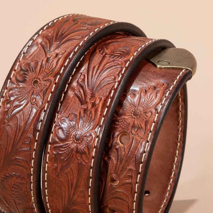 New Western Floral Engraved Embossed Genuine Leather Men's Belt With Brass Buckle Custom logo Full Grain Leather Belts for Men - 图片 6