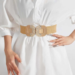 2024 Fashion Boho Summer Big Symmetrical Buckle Straw PP Straw Belt Wide Elastic Stretch Woven Waistband Belt for Women
