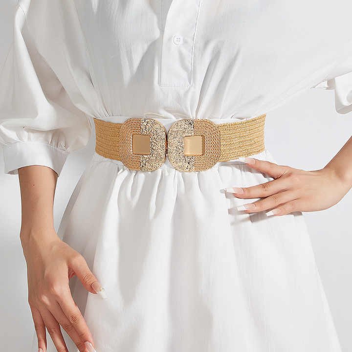 2024 Fashion Boho Summer Big Symmetrical Buckle Straw PP Straw Belt Wide Elastic Stretch Woven Waistband Belt for Women