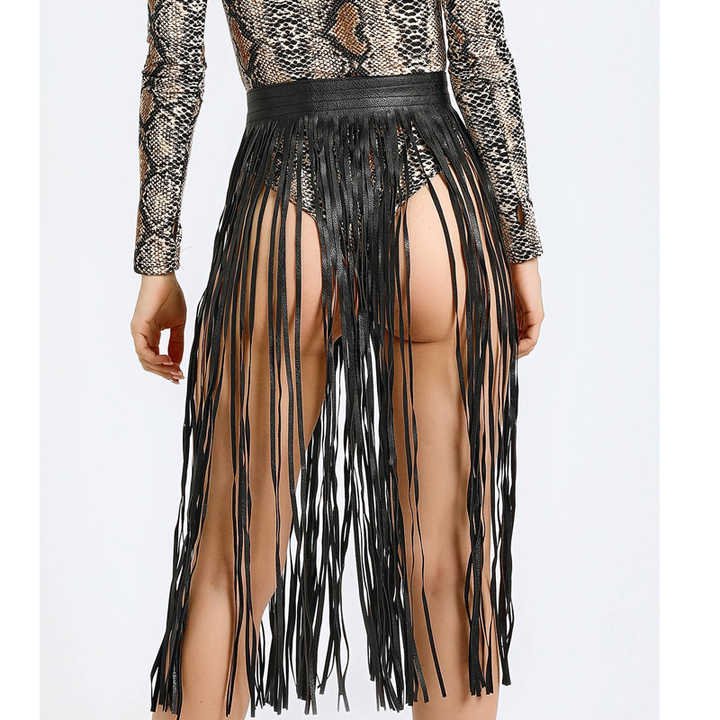 New Trendy Black Faux Leather Punk Rocker Dance Waist Dress Belt Vintage Black PU Leather Tassel Fringe Skirt Belt for Girls - 图片 5