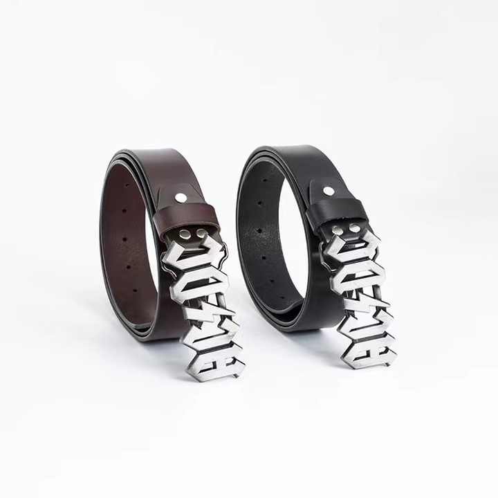 Hot Sale Genuine Cowhide Leather Straps Customized Logo Belt Luxury Black Zinc Alloy Letter Buckle Belt for Men