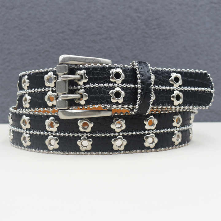 New Studded Double Eyelet Holes Belts Black Goth Punk Metal Jean Belt Hip Hop Style Double Grommet PU Leather Belt for Women Men - 图片 2