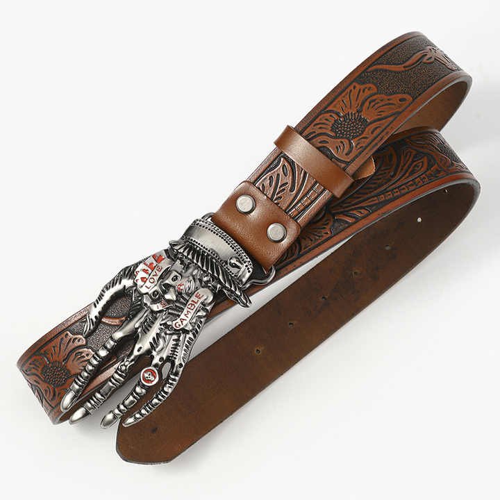 Leather Straps With Gothic Viking Skull Hand Belt Buckle Cowboy Style Genuine Leather Men Belt With Punk Skeleton Hand Belt Buck - 图片 3