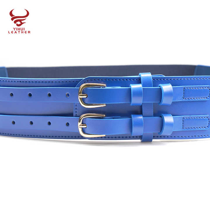 Fashion Plus Size Wide Blue Leather Women's Fashion Elastic Belts Square Frame Buckle Waist Leather Belt - 图片 2
