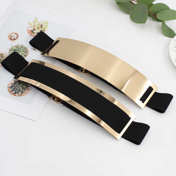 Women Metal Belts Adjustable Skinny Wide Chain Strap Waistband Metal Waist Belt Fashion Golden Stretchy Waist Belts for Ladies - 图片 3