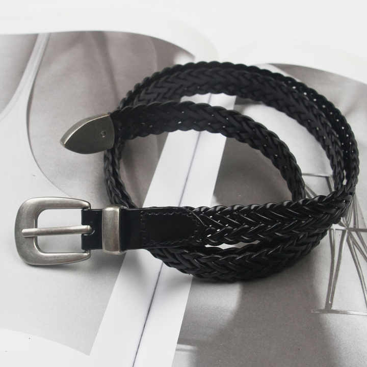Manufacture Wholesale New Braided Cowhide Leather Belt for Dresses Jeans Pants 3 Pics Pin Buckle Woven Leather Belts for Women - 图片 5