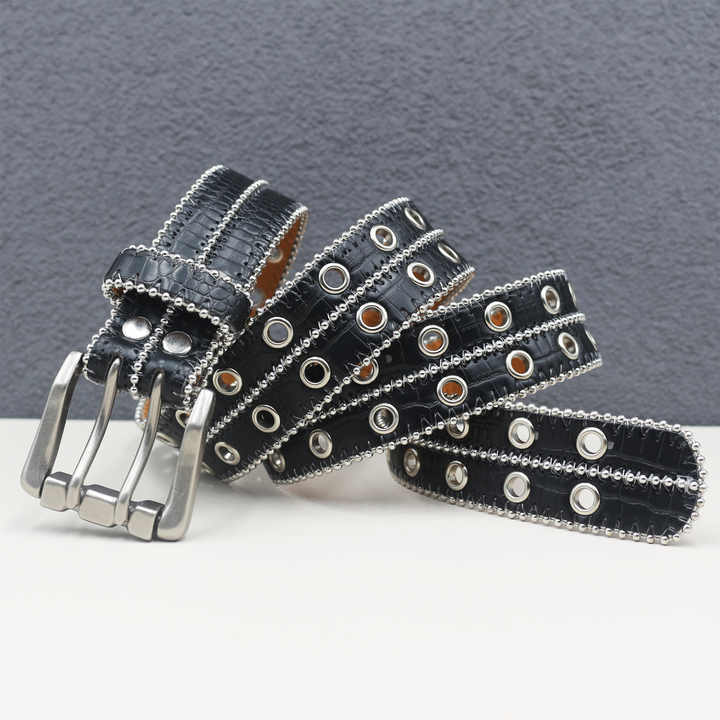 New Studded Double Eyelet Holes Belts Black Goth Punk Metal Jean Belt Hip Hop Style Double Grommet PU Leather Belt for Women Men - 图片 6