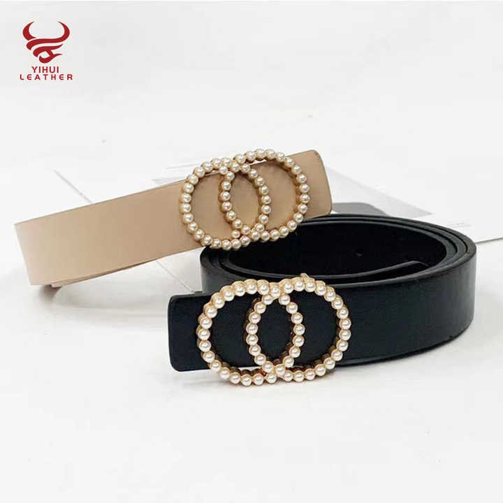 Fashion New Style Faux Leather Double O-Ring Buckle Belt for Women PU Leather Pearl Waist Belts for Lady Dress - 图片 2