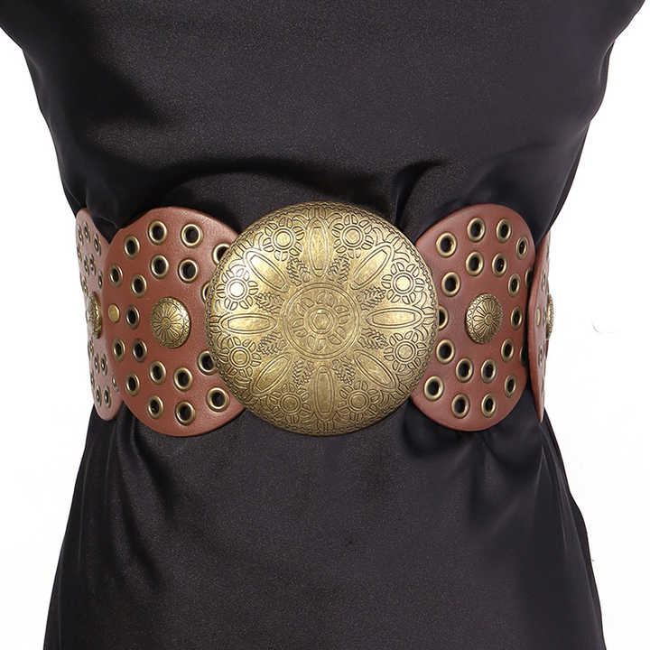 2023 New Retro Punk Big Round Rivet Hole PU Leather Belt Disk Link Fashion Wide Ladies Wide Boho Disc Concho Leather Belt - 图片 4