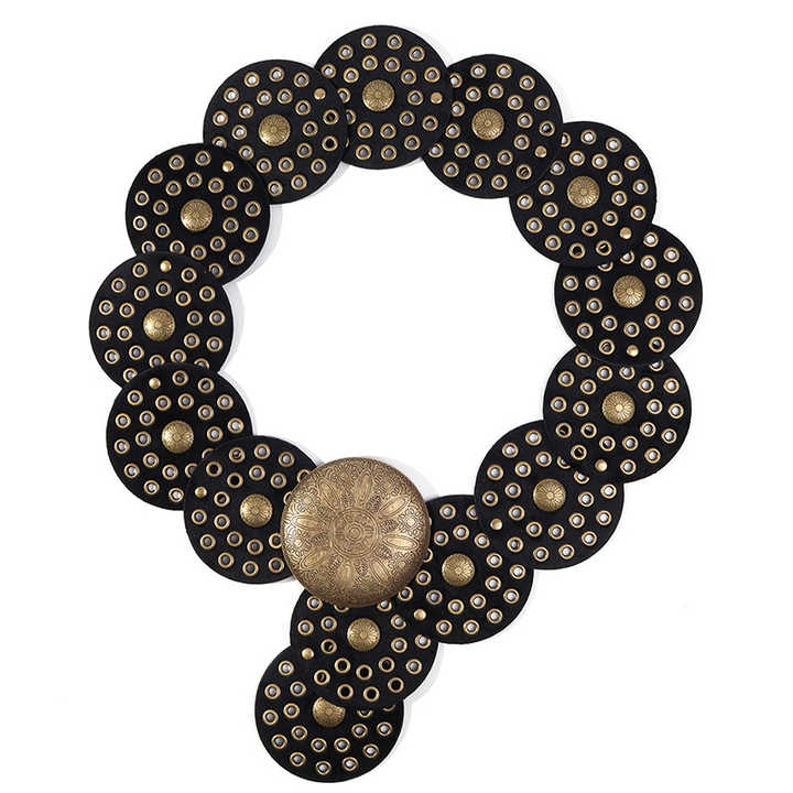 2023 New Retro Punk Big Round Rivet Hole PU Leather Belt Disk Link Fashion Wide Ladies Wide Boho Disc Concho Leather Belt - 图片 2