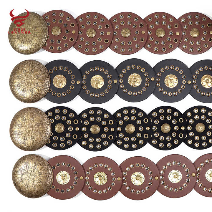 2023 New Retro Punk Big Round Rivet Hole PU Leather Belt Disk Link Fashion Wide Ladies Wide Boho Disc Concho Leather Belt - 图片 3