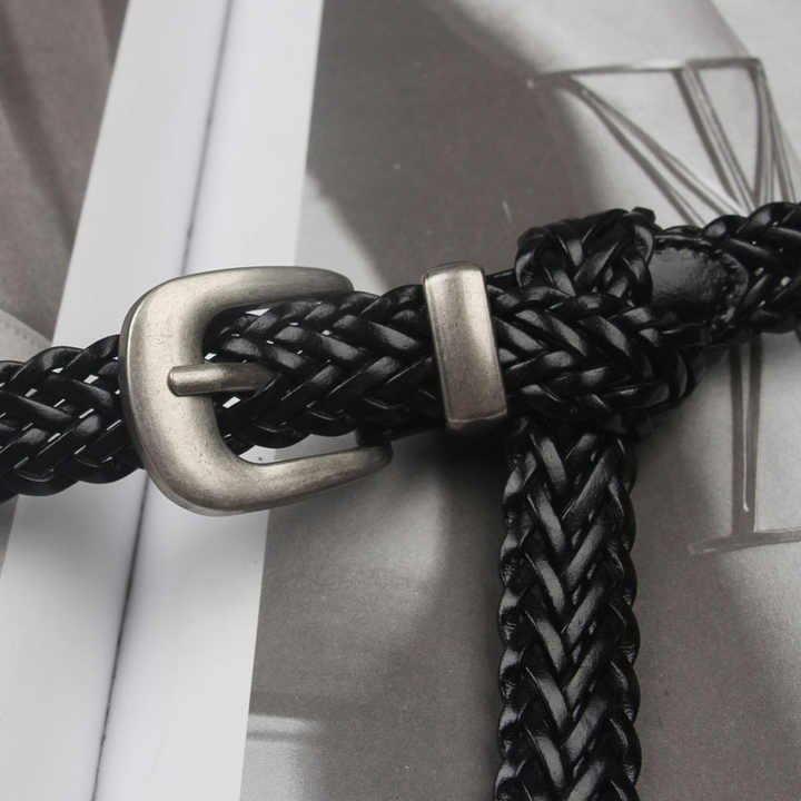 Manufacture Wholesale New Braided Cowhide Leather Belt for Dresses Jeans Pants 3 Pics Pin Buckle Woven Leather Belts for Women - 图片 6