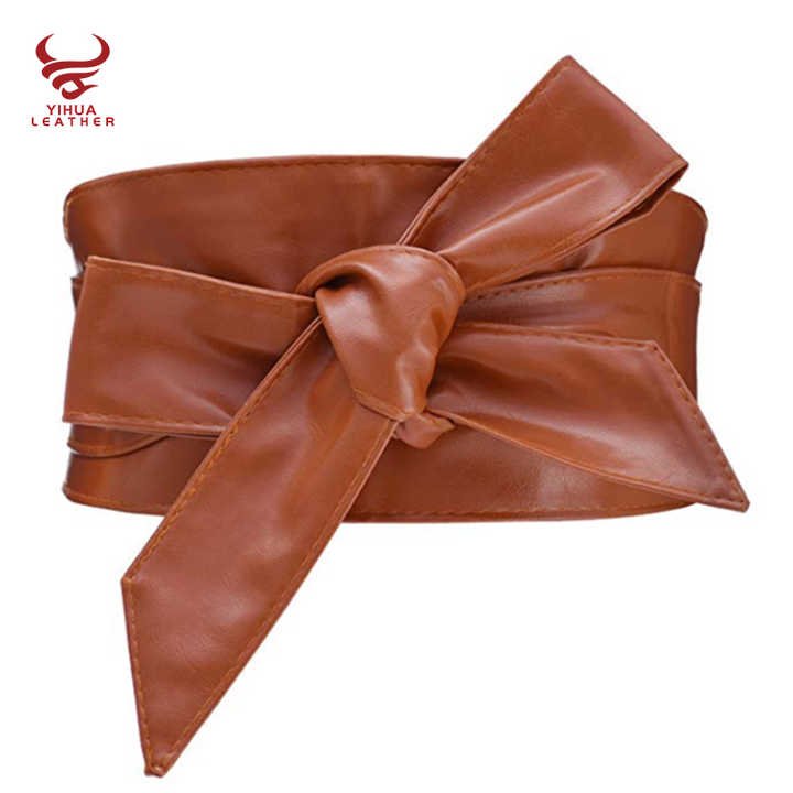 Women Soft PU Leather Self Tie Knot Belts Fancy Dresses Large Size Wide Cinch Belts No Buckle Gold Leather OBI Belt for Lady - 图片 3