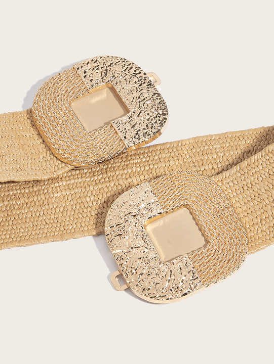 2024 Fashion Boho Summer Big Symmetrical Buckle Straw PP Straw Belt Wide Elastic Stretch Woven Waistband Belt for Women - 图片 3