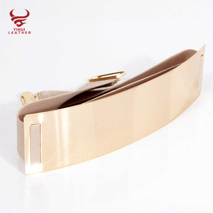 Hot Sale Designer Golden Elastic Strength Skinny Body Waist Belts for Woman Gold Brand Metal Mirror Elastic Ladies Dress Belt - 图片 4
