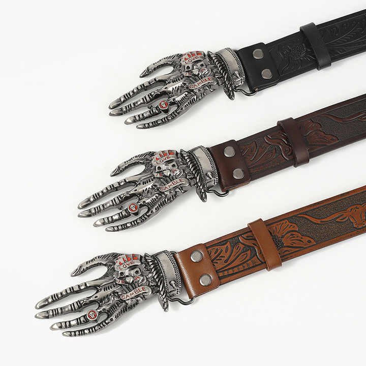 Leather Straps With Gothic Viking Skull Hand Belt Buckle Cowboy Style Genuine Leather Men Belt With Punk Skeleton Hand Belt Buck - 图片 2