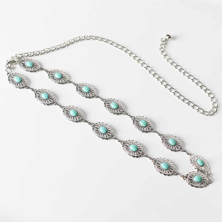 New Arrivals Fashion Accessories Golden Women Body Chain Belts Oval Turquoise Stone Lady Narrow Metal Retro Chain Belt - 图片 3
