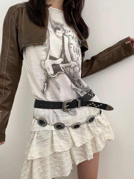 American Vintage Brown Wide Y2k Belt With Western Cowboy 3 Piece Buckle Set Studded Star Waist Belt for Women and Girls - 图片 3