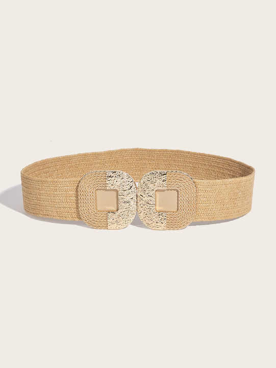 2024 Fashion Boho Summer Big Symmetrical Buckle Straw PP Straw Belt Wide Elastic Stretch Woven Waistband Belt for Women - 图片 2