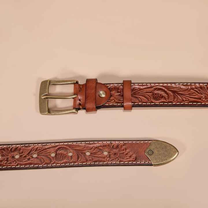 New Western Floral Engraved Embossed Genuine Leather Men's Belt With Brass Buckle Custom logo Full Grain Leather Belts for Men - 图片 3