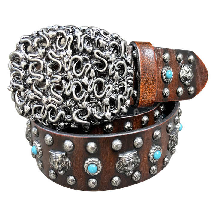 Vintage Punk Stone studded 38cm Width Genuine Leather Waist Belts Western studded Turquoise Belt for Cowboys Cowgilrs