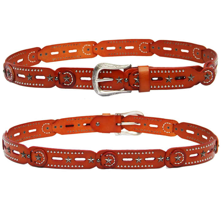 Wholesale Studded Star Western Cowgirls Belt Designer Punk Vintage Rivet Belts Hollow Out 100% Leather Belts for Women - 图片 2