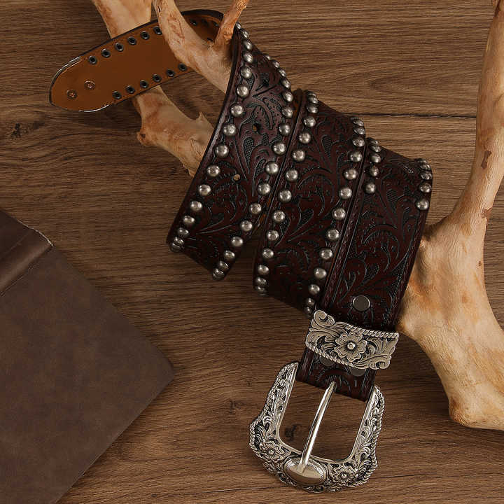 Designer Retro Studded Girl Lady Waist Belt Fashion Flowers Belts With 3 Pics Buckle Punk Y2K Embossed Pattern Women Belts - 图片 6