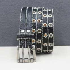 New Studded Double Eyelet Holes Belts Black Goth Punk Metal Jean Belt Hip Hop Style Double Grommet PU Leather Belt for Women Men