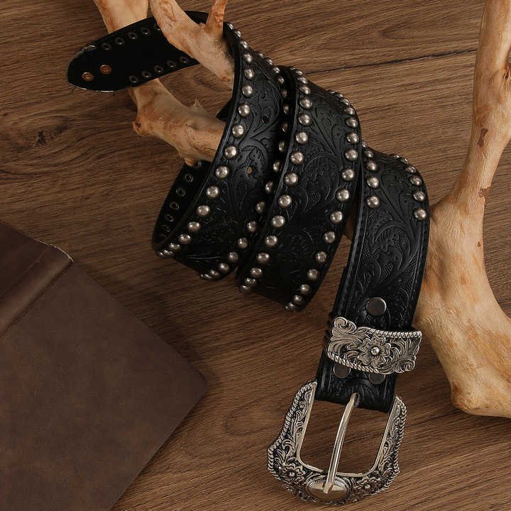 Designer Retro Studded Girl Lady Waist Belt Fashion Flowers Belts With 3 Pics Buckle Punk Y2K Embossed Pattern Women Belts - 图片 2