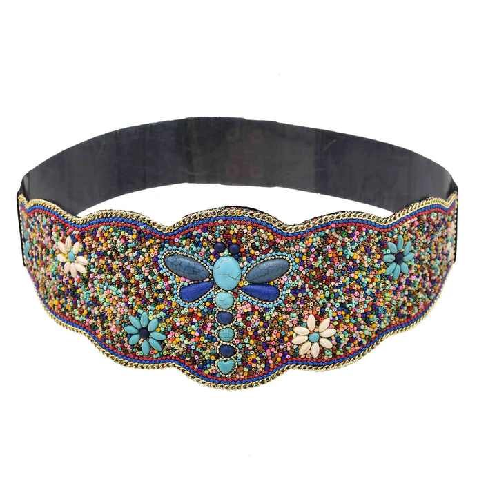 Boho Dragonfly Beads Chain Belt Flower Plus Size Waist Beads Blts Girls Elastic Strength Turquoise Wide Beads Belt for Women - 图片 6