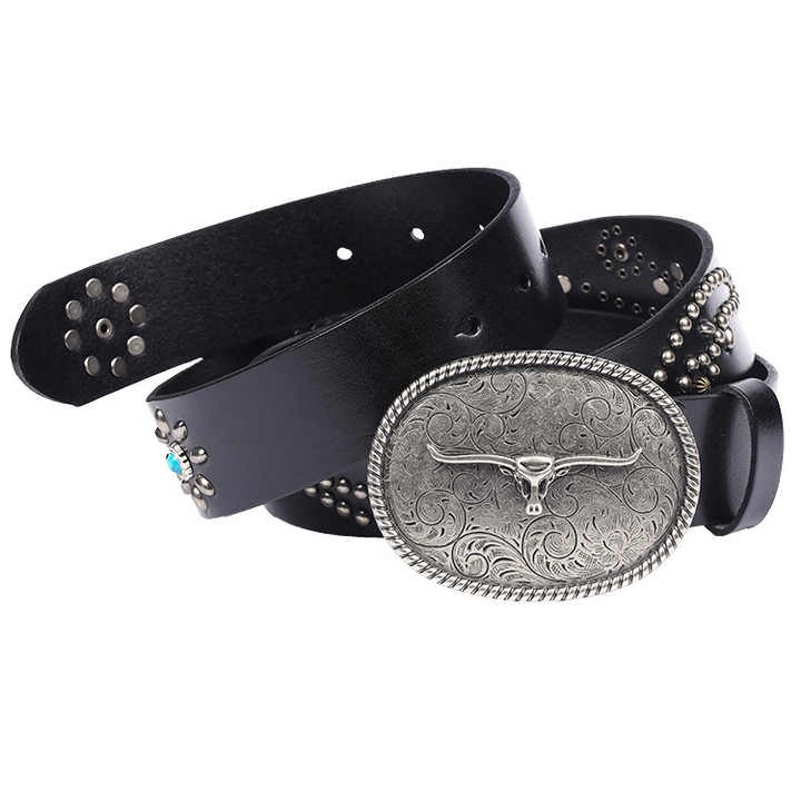 New Tread Punk Bull Buckle Genuine Leather Belt With LongHorn Bull Buckles Adjustable Cowhide Leather Belt for Western Cowboy - 图片 5