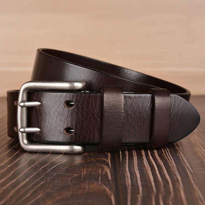 Casual 2 Holes Full Grain Leather Work Waist Belts 38mm Heavy Duty Double Prong Buckle Genuine Leather Belt for Men Jeans - 图片 4