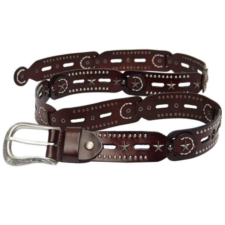 Wholesale Studded Star Western Cowgirls Belt Designer Punk Vintage Rivet Belts Hollow Out 100% Leather Belts for Women - 图片 4