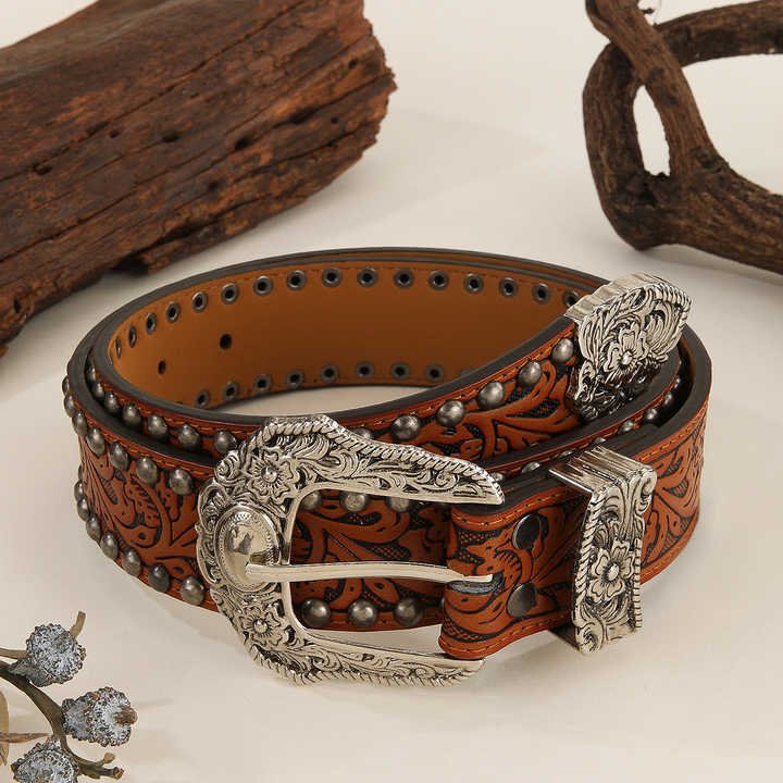 Designer Retro Studded Girl Lady Waist Belt Fashion Flowers Belts With 3 Pics Buckle Punk Y2K Embossed Pattern Women Belts - 图片 4